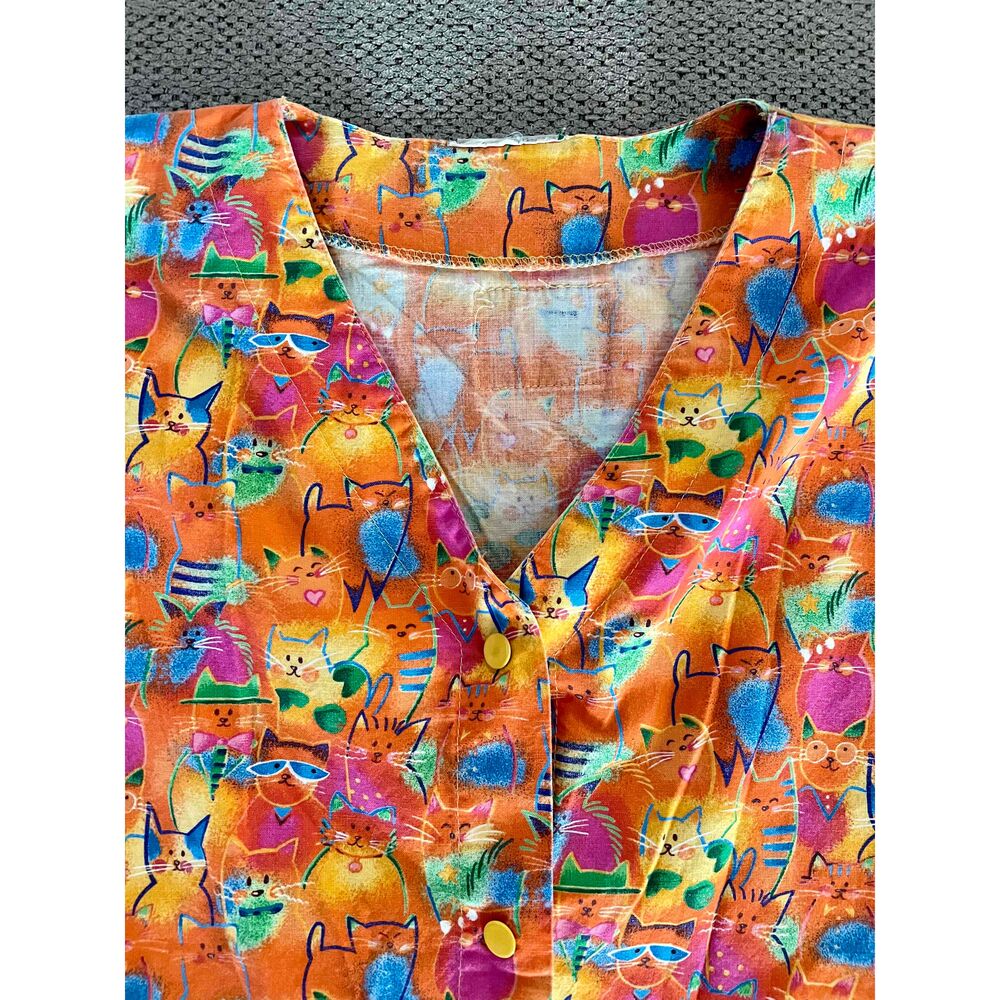 Cottonality Womens Orange Kitten Pattern Scrub Jacket Front Pockets Small